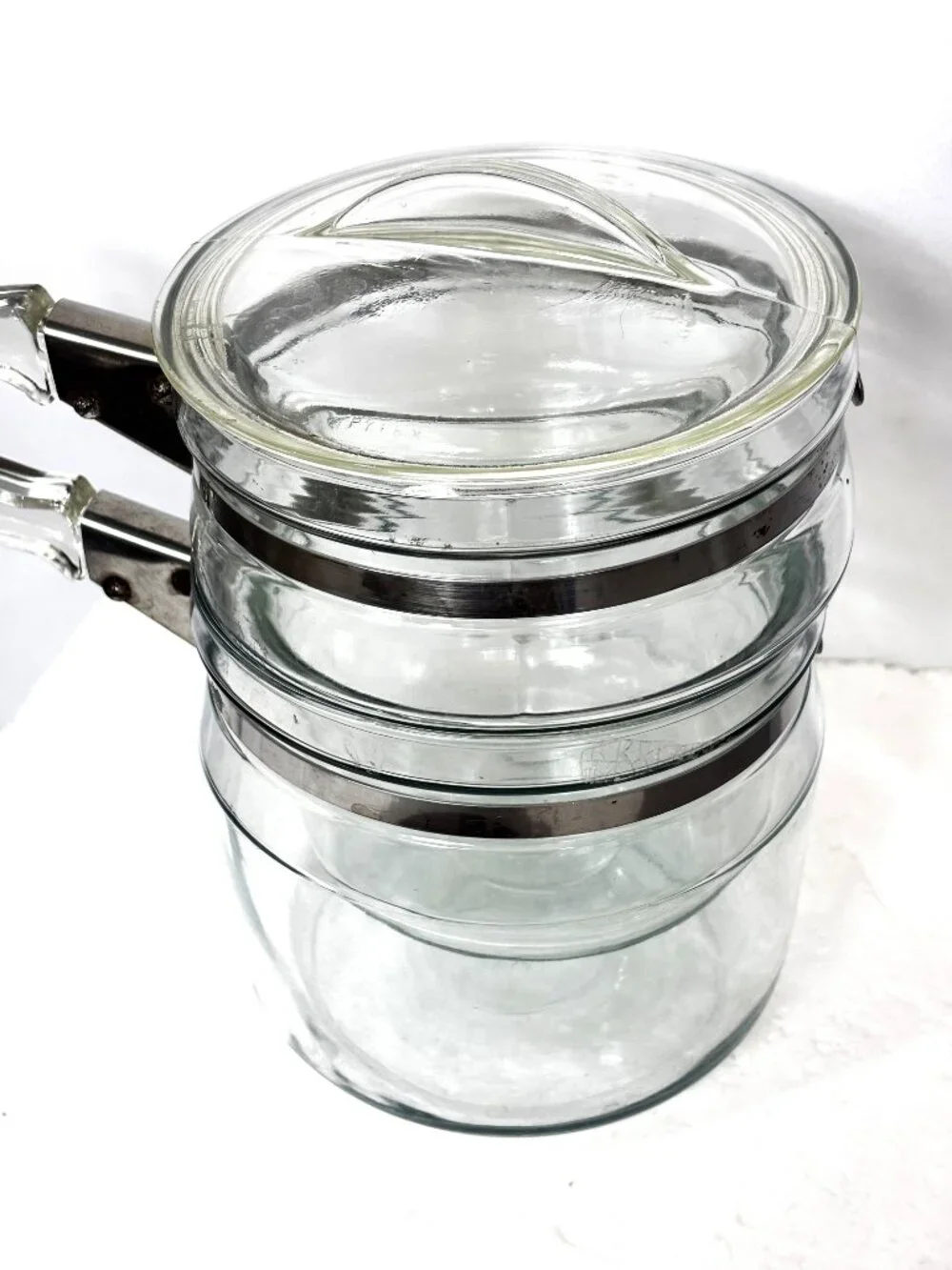 VTG PYREX  Flameware Glass Double Boiler Pot W/ Lid 1.5 Quart Three-Piece Set